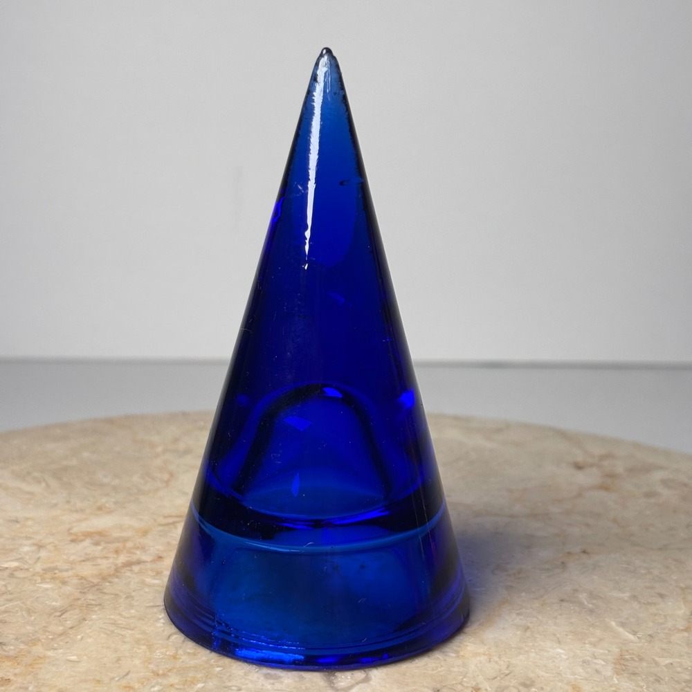 Vintage Glass Ring Holder 4" Cobalt Blue Cone Minimalist Art Glass Paperweight